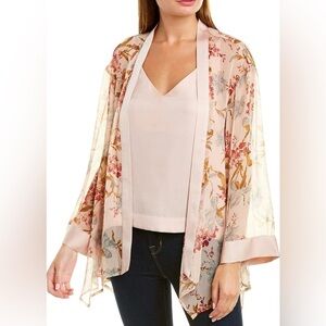 Vince Camuto Women’s XL Pink Wildflower Floral Satin Trim Sheer Kimono Cardigan